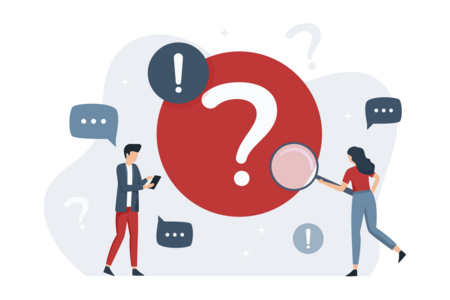 Illustration zu Fragen und Antworten (BFSG): Eine Person tippt auf einem Smartphone, eine weitere Person hält eine große Lupe in den Händen.