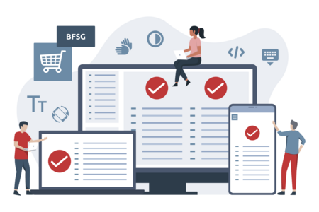 Illustration zu BFSG-Zertifizierung: Darstellung einer Webseite auf verschiedenen Endgeräten.