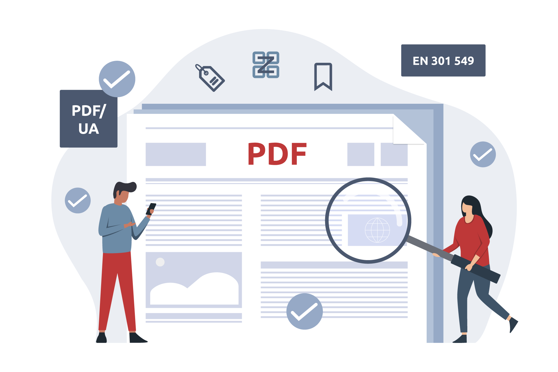 Illustration zu Barrierefreie PDF: Ein PDF-Dokument wird von drei Personen betrachtet.