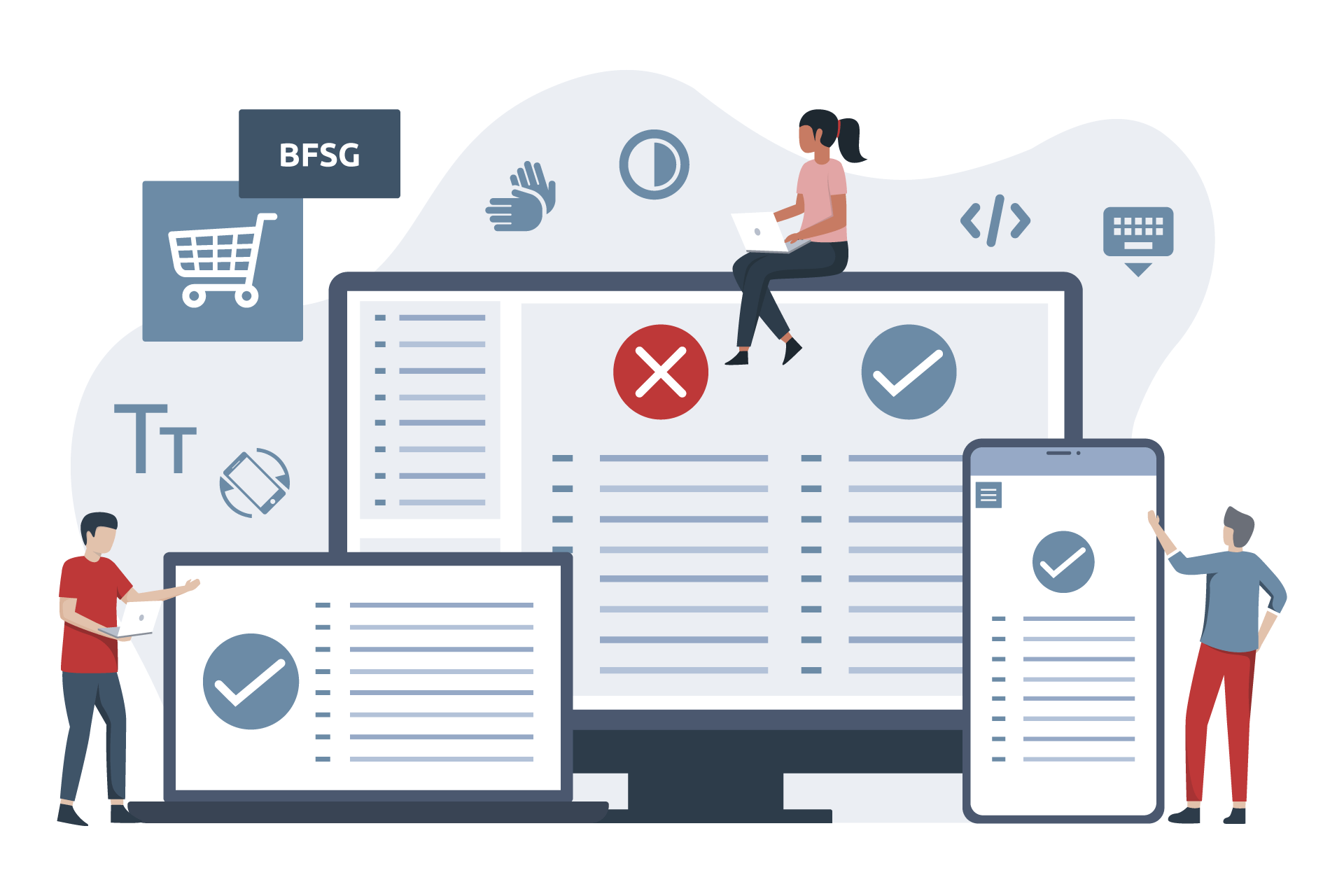 Illustration zu BFSG-Test und -Zertifizierung: Darstellung einer Webseite auf verschiedenen Endgeräten.